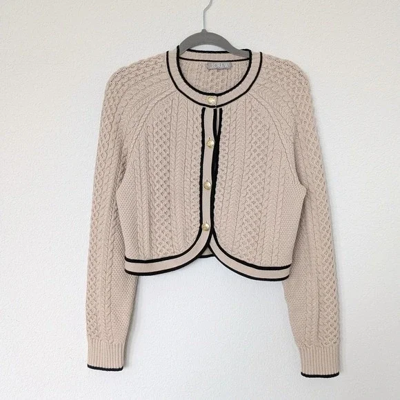 J. Crew Cropped Cable-knit Sweater - Classic Cardigan -Size Large tan black - Picture 2 of 15